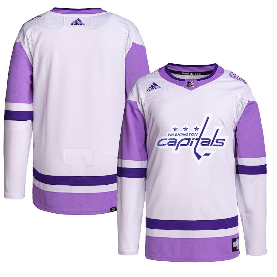 Men Washington Capitals adidas White Purple Hockey Fights Cancer Primegreen Authentic Blank Practice NHL Jersey